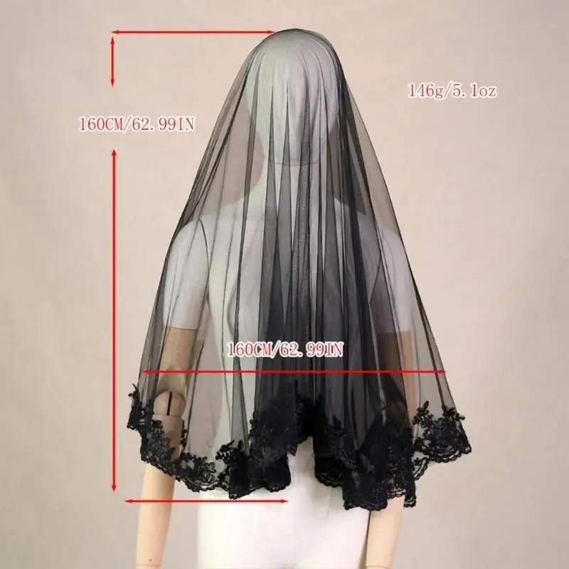 39BD Hochzeit Schleier Kopftuch Spitze Schwarz Schleier Braut Haar Zubehör Schwarz Mantilla – Detail 6