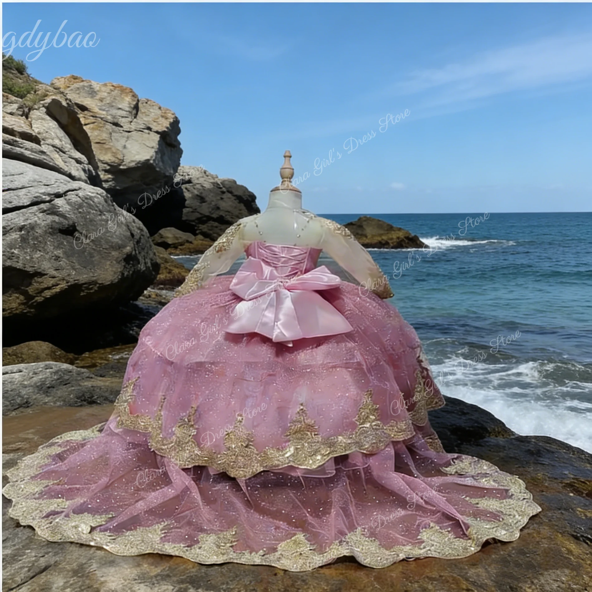 Aangepaste roze bloemenmeisjesjurk met lange mouwen en gouden applicatie Geschikt voor bruiloften Kinderverjaardagsfeestjes Prinses