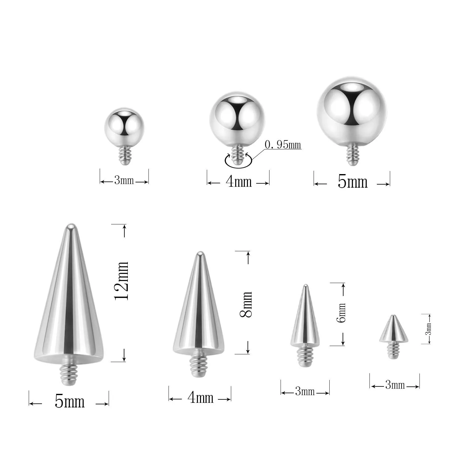 10PcsSet Spiked Conical 1.0 External Thread Demon Lip Stud Replacement Head Earring Brow Stud Accessory for Piercing