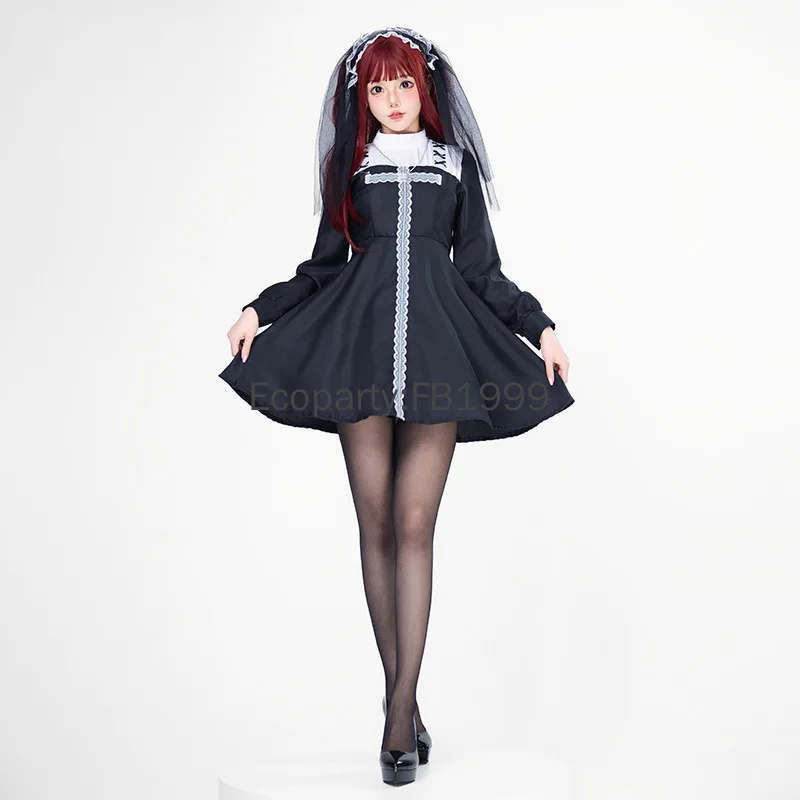 New Women Halloween Nun Cosplay Costume Black Anime Sexy Cross Gothic Lolita Dress Veil Set Carnival Party Ghost Bride Dress Up