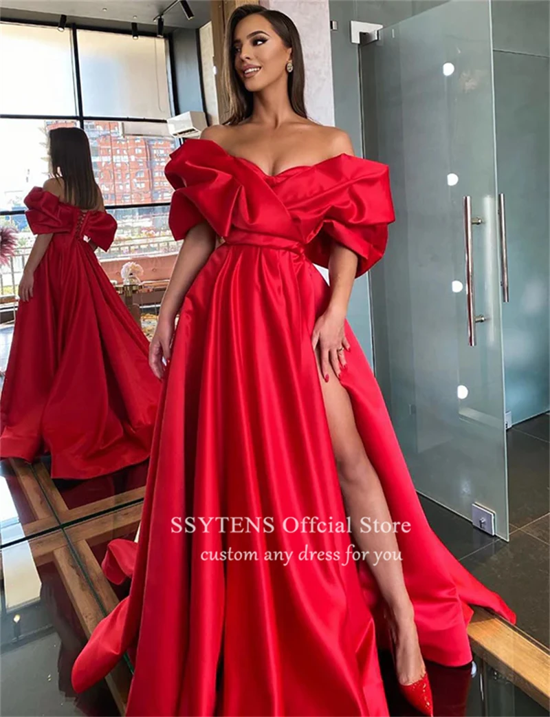 SSYTENS Elegant Long Satin Evening Dresses Red For Bride Customized Off the Shoulder Wedding Party Prom Gowns With Side Slit