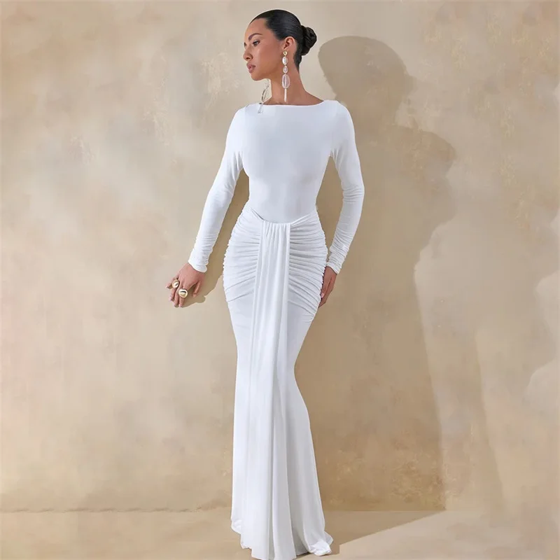 Solid Color Long‑Sleeve Prom Dress Sexy Ruched Hip‑Hugging Mermaid Maxi Party Gown Slim Fit Draped Formal Evening Wedding Robe