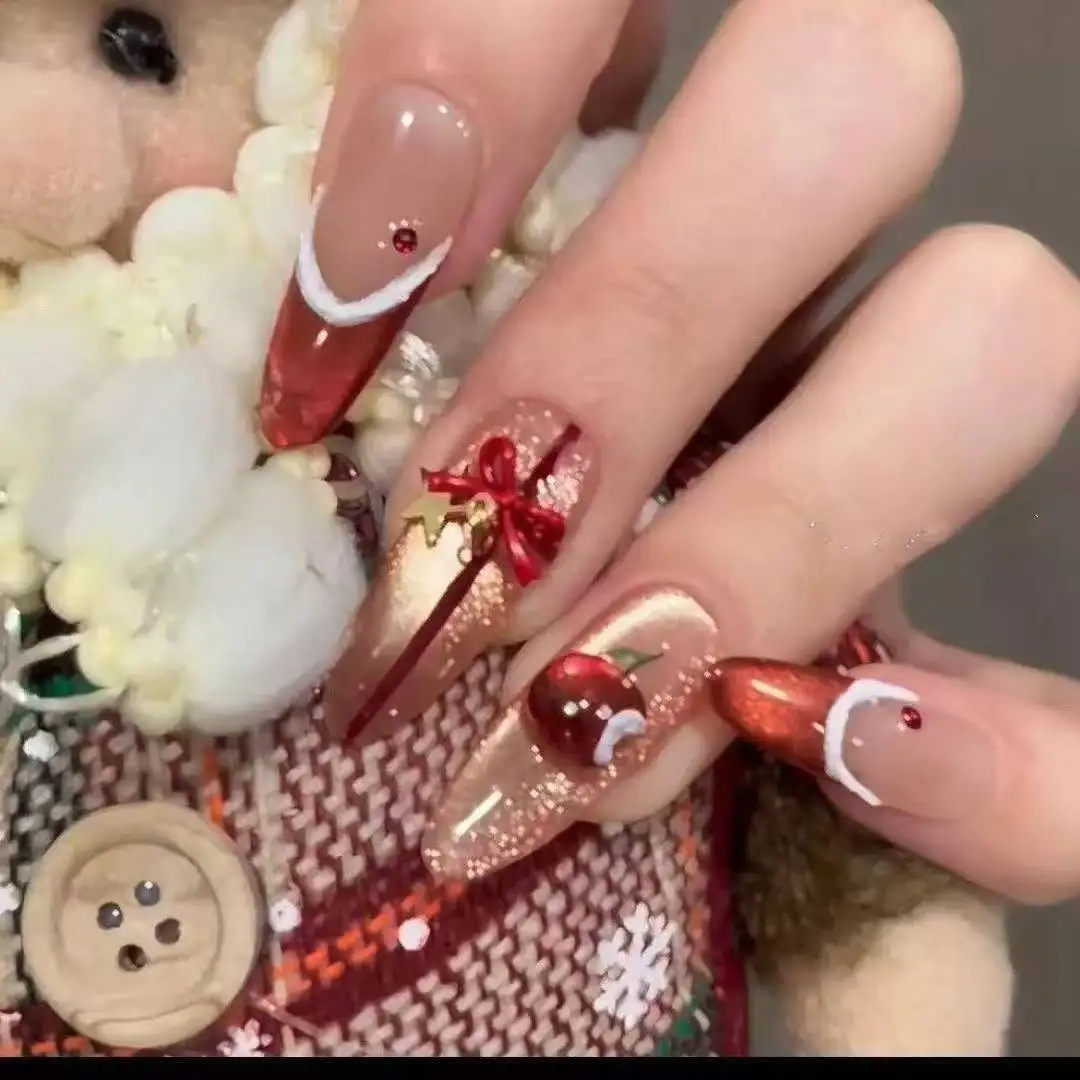 

Sweet and Cute 10PCS Press on Fake Nails Red Apples Bowknot Design False Nails Midium Oval Detachable Full Cover Nails Tips Art