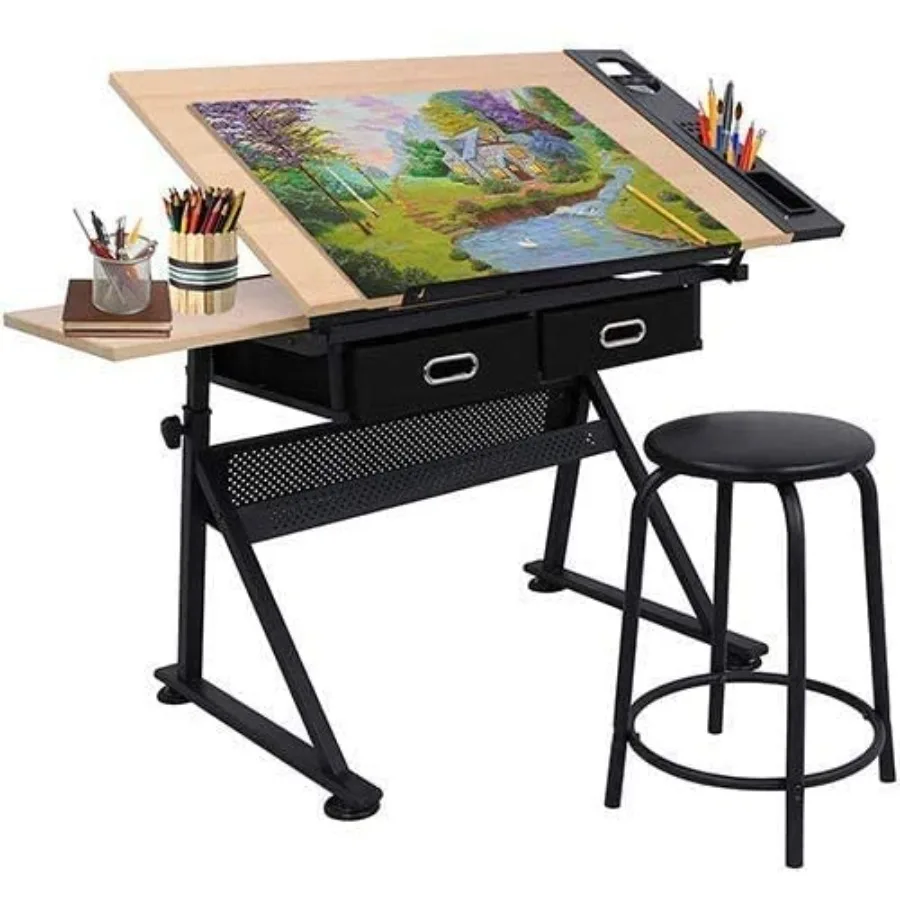 

Adjustable Drafting Table Drawing Table Tilting Top Art Craft Desk with 2 Storage Drawers and Stool for Home Office Crafting Re