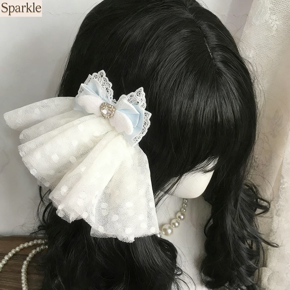 Handmade Lolita French Lace Bow Hair Clip Thickened White Tulle Ruffled Hairpin Rhinestone Hairwear Cute Girls' Hair Accessory