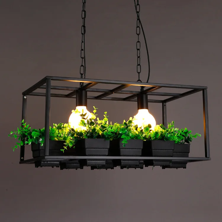 Nordic Matte Black / White Wrought Iron Fame WitImitated Green Plant Potty E27 LED Bulbs Chain Cdelier For Living Room