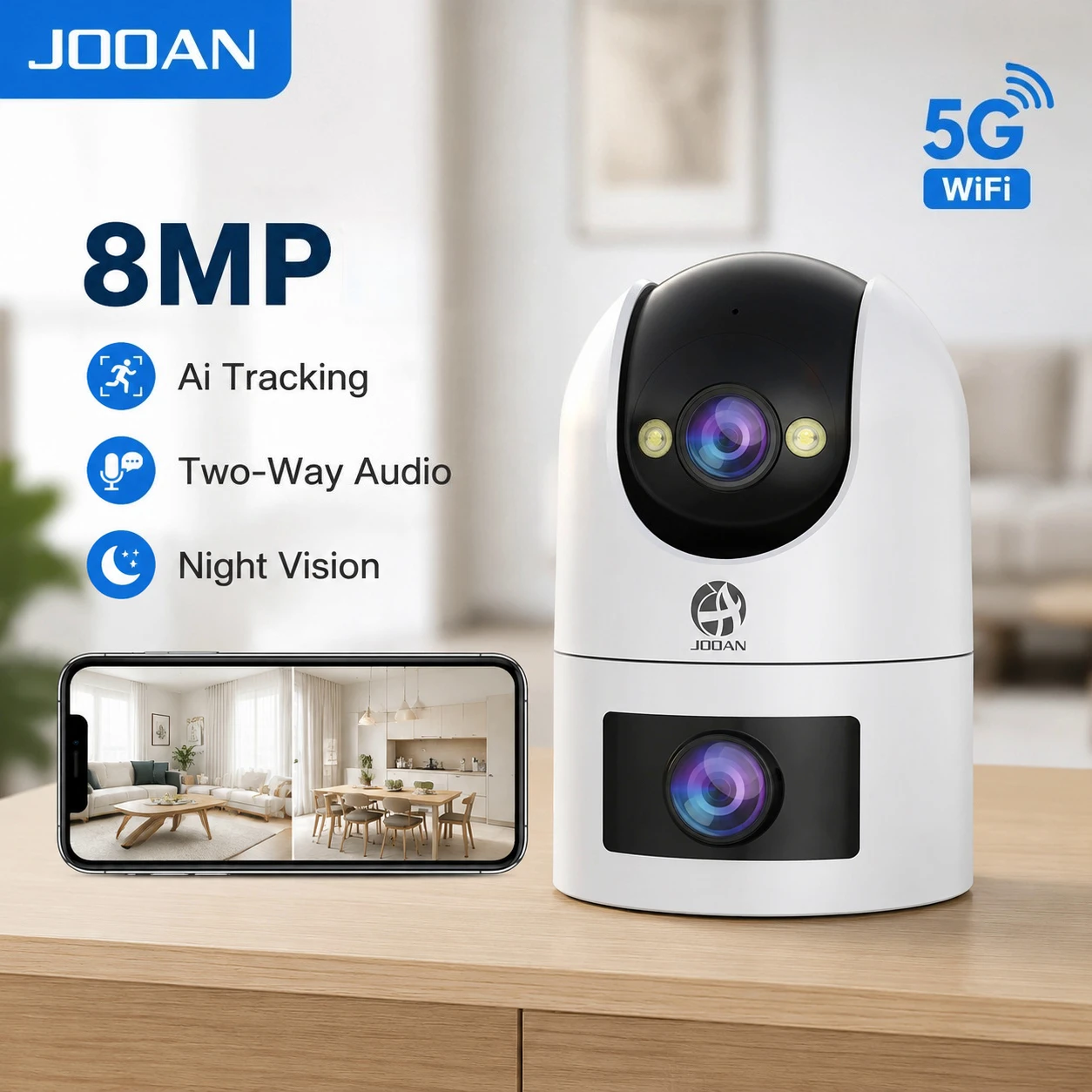 JOOAN 8MP 5G WiFi Security Camera Dual Screen AI Tracking Two-way Audio Smart Home Baby Monitor