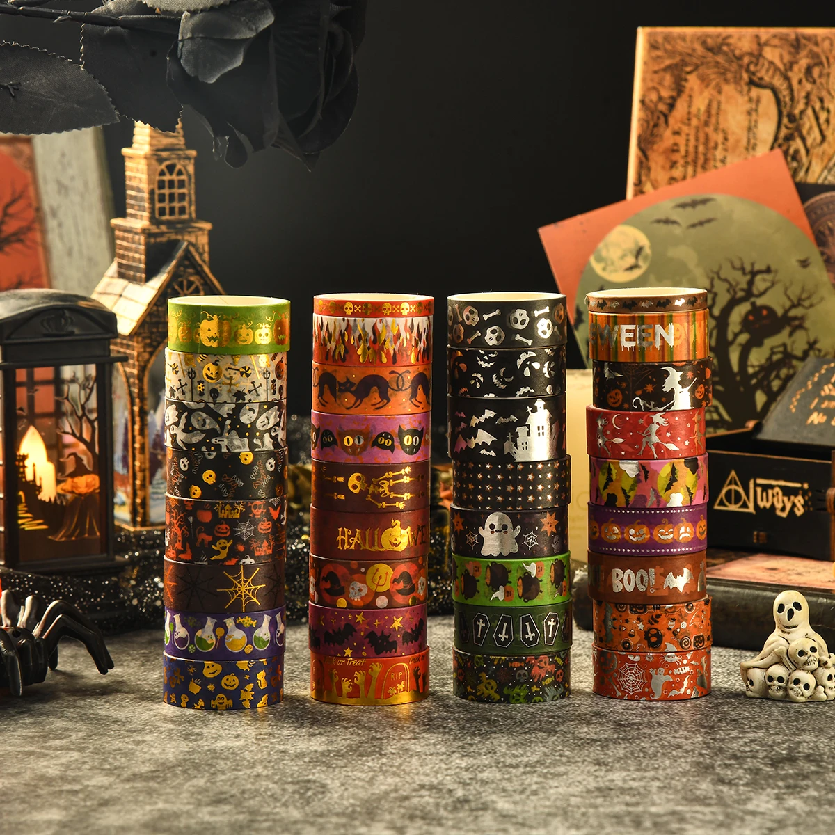 17 لفة/صندوق، شريط واشي رائع بنمط الهالوين، تصميم عملية برونزية مبتكرة، لتزيين حفلات الهالوين بنفسك