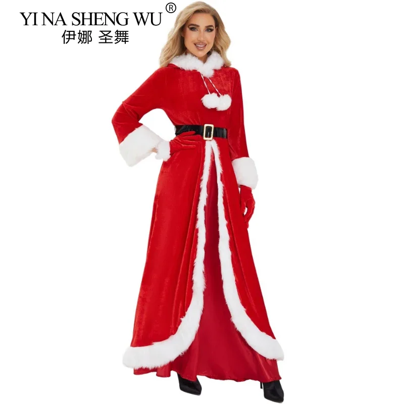 Christmas Costume For Adult Women Hooded Mrs Santa Claus Red Cloak Cape Party Cosplay Xmas Party Santa Claus Women Red Dress