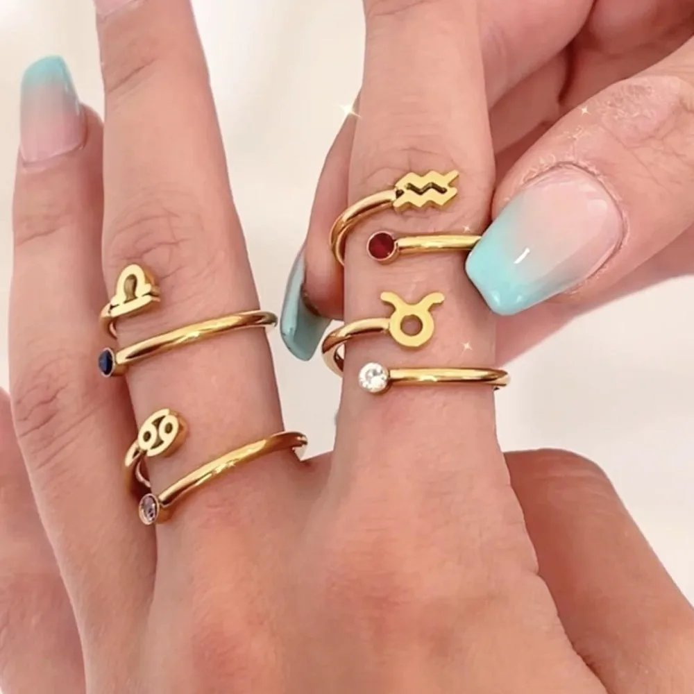 Stainless Steel Zodiac Sign Ring Stackable 12 Constellations Birthstone Open Rings Astrology Jewelry Birthday Gift for Women