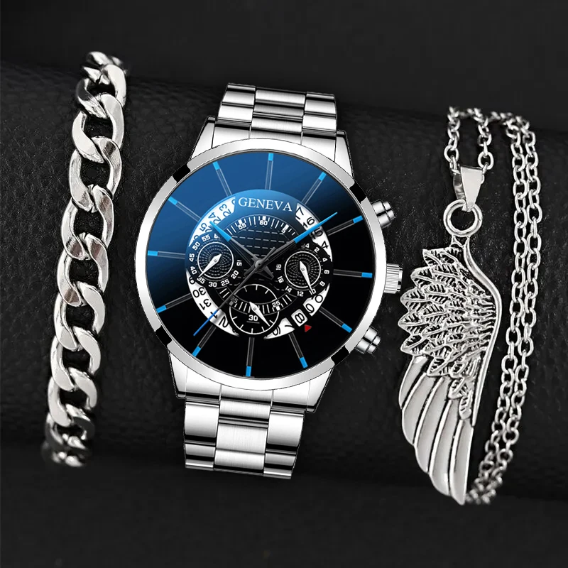 3PCS Set Fashion Mens Business Calendar Watches Men Casual Silver Bracelet Wings Necklace Stainless Steel Quartz Wrist Watch