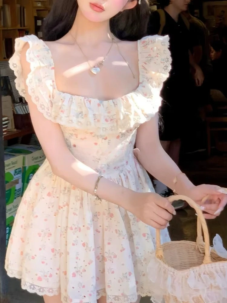 Francese Vintage Elegante Floreale Vestito Sottile Delle Donne di Estate Y2k Dolce Puro Desiderio Slash Neck Abiti Corti Harajuku Moda Nuovo 2025