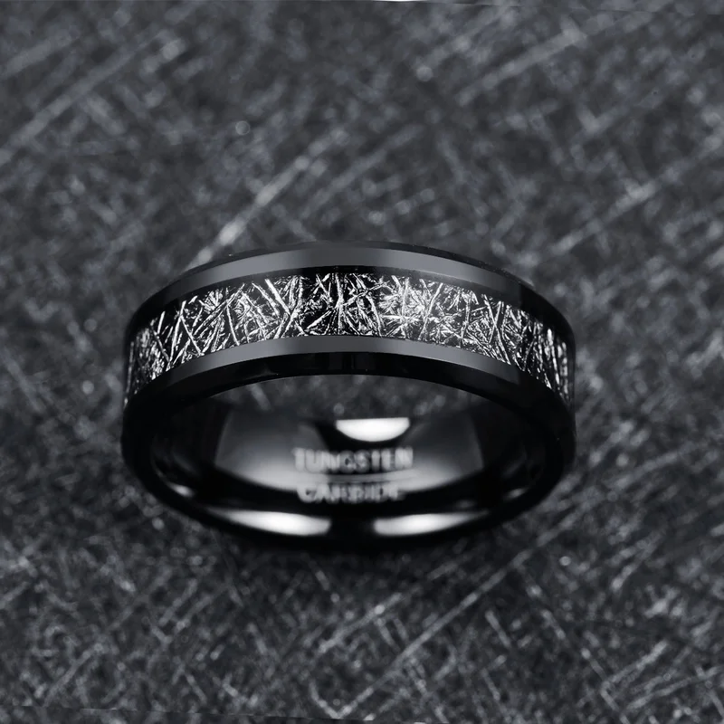 NUNCAD 8mm Men\'s Width Tungsten Carbide Ring Electroplated Black Inlaid Black Imitation Vermiculite Wedding Band Tungsten Ring