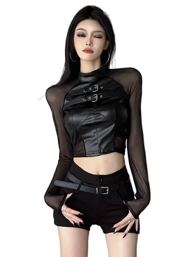 [Two-piece Set] Sexy Spice Girl Slim and Thin Mesh Stitching Pu Leather Short Navel Top + Tight Shorts