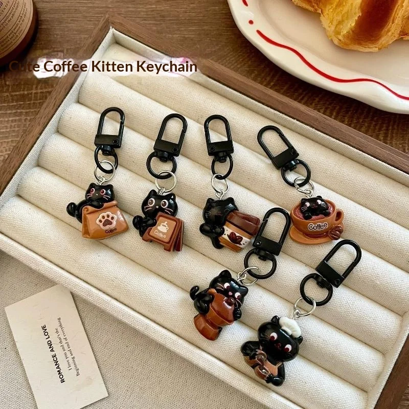 Cartoon Black Cat Keychain Women Chocolate Coffee Theme Purse Pendant Cute Bag Charm for Backpack Accessories