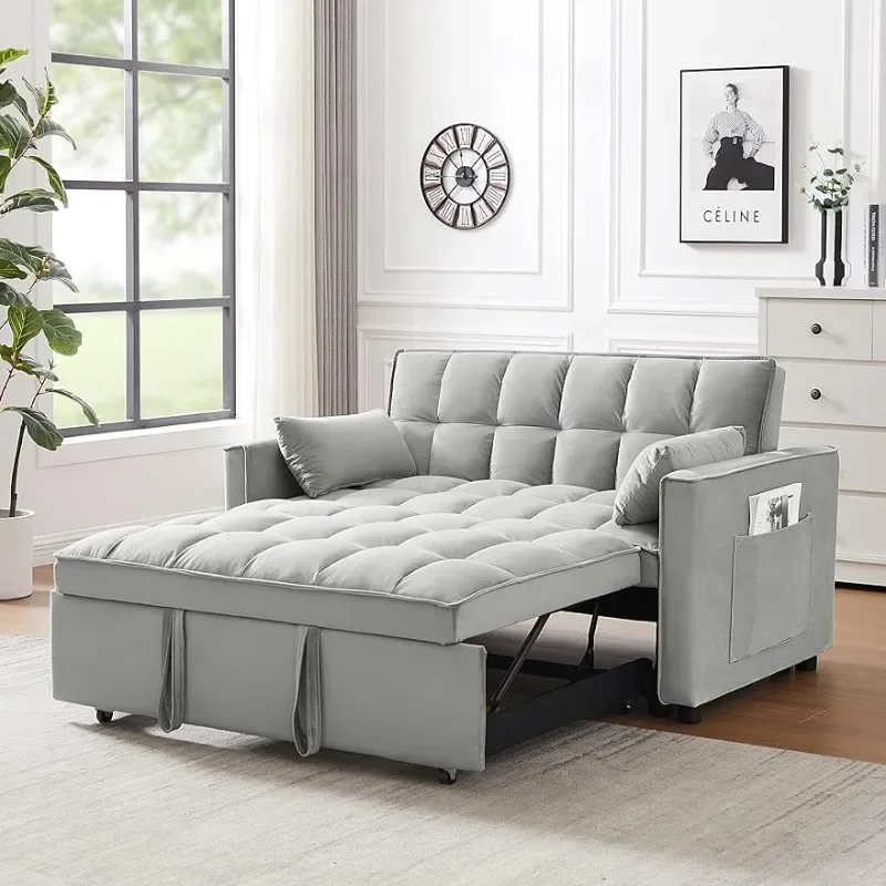 

55 Inch Convertible Sleeper Sofa 3 in 1 Velvet Small Loveseat with Pull Out Bed, living room furniture sofa furniture sofa bed