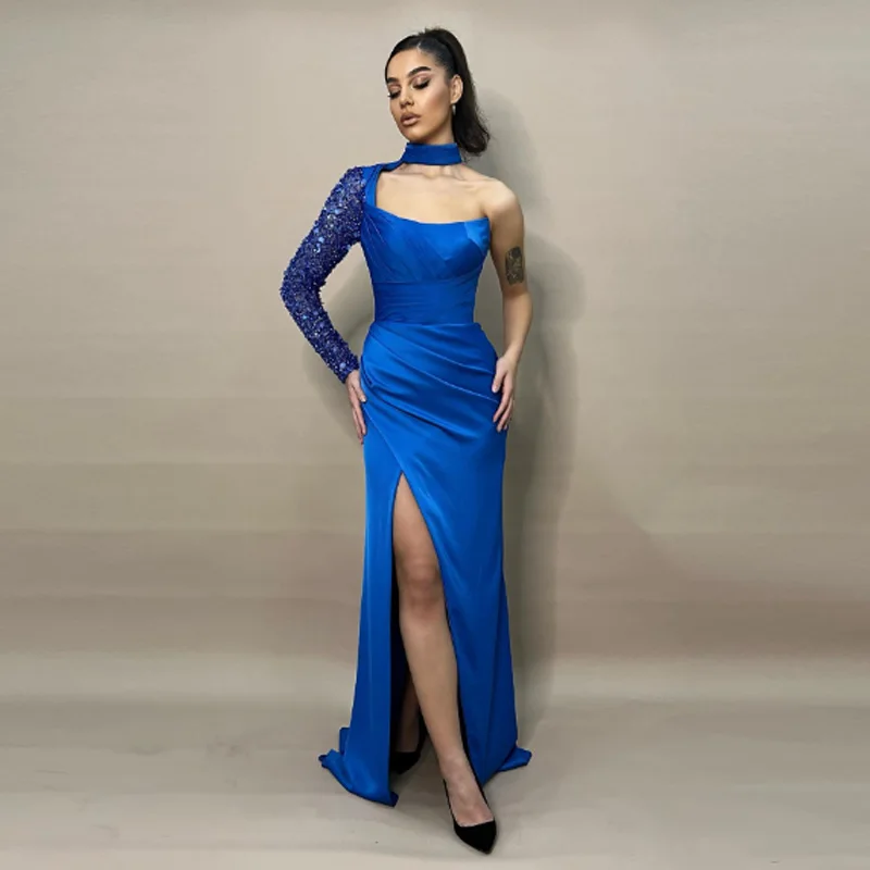 

Шикарное вечернее платье на одно плечо с блестками по индивидуальному заказу, классическое плиссированное платье длиной до пола с разрезом по бокам, женские вечерние платья