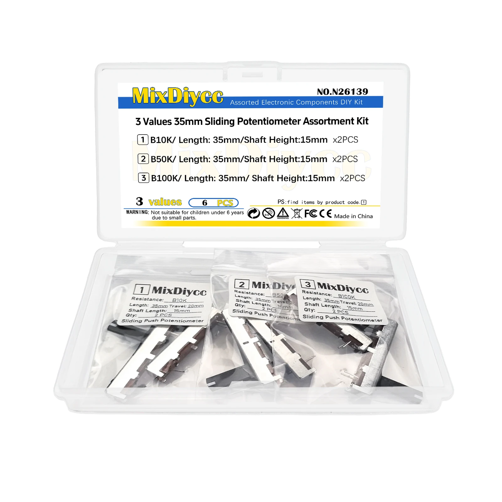 3 Values 35mm Linear Slide Potentiometer Kit 15mm Shaft B10K/B50K/B100K Push Pull Variable Resistor Total 6 Pcs