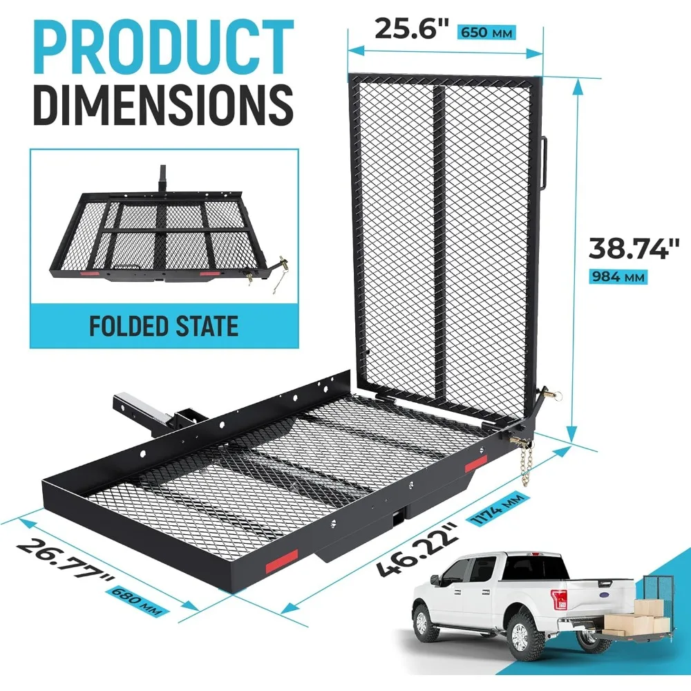 46,2 x 26,8 x 38,7 Zoll Anhängerkupplungsträger mit Rampe, faltbar, 500 Pfund Kapazität, Anhängerkupplungsmontage, Stahl-Rollstuhlträger, Mobilität