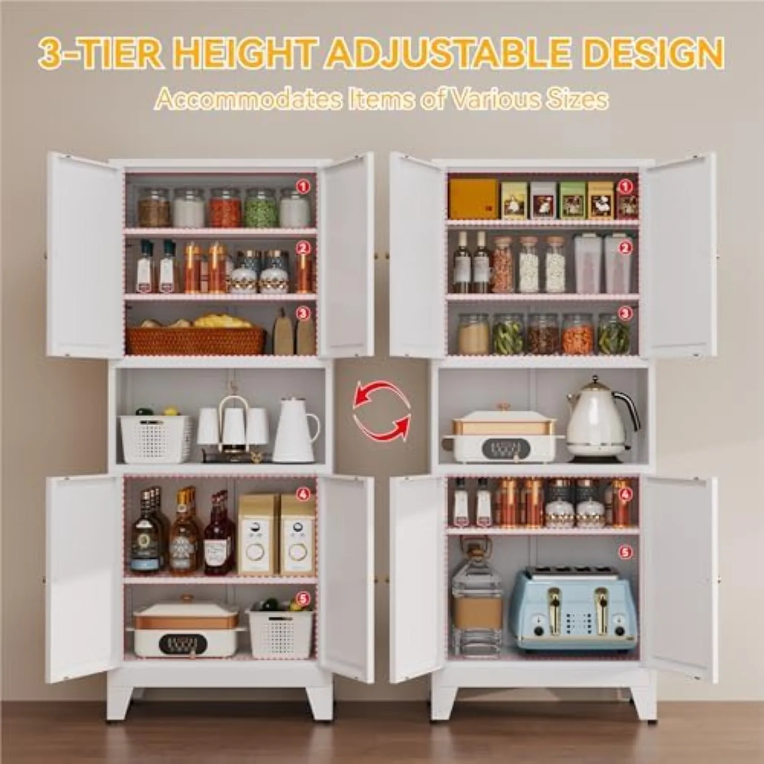 69" Tall Metal Kitchen Pantry Cabinet with Microwave Shelf, 4 Doors & 3 Adjustable Shelves, Heavy Duty Food Storage image 5
