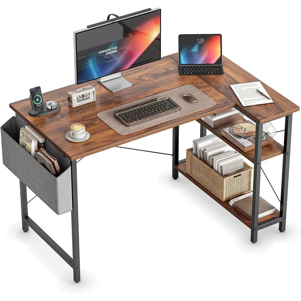 

40" L-Shaped Corner Desk with Reversible Storage Shelves, Home Office Gaming Study Table in Brown