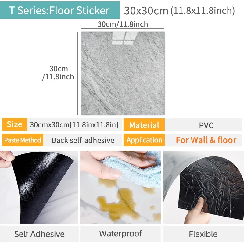 10 or 20 pieces PVC-based decorative floor and wall decals with marble texture, self-stick backing, water resistant, modern mini