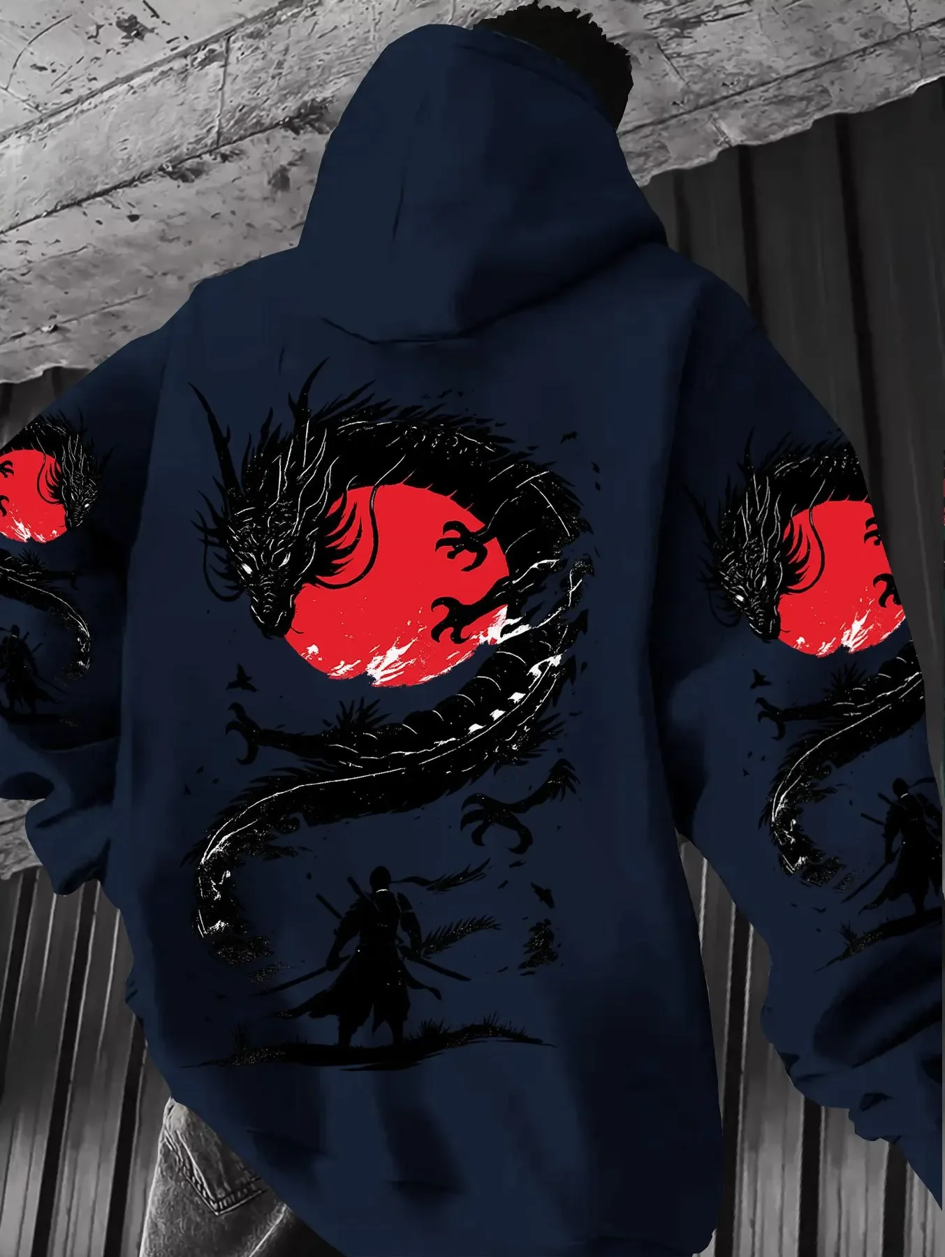 Men Japanese Dragon Graphic Hoodie Grey Samurai Red Sun Printed Sweatshirt Sleeve Printed Oversized Pullover Streetwear