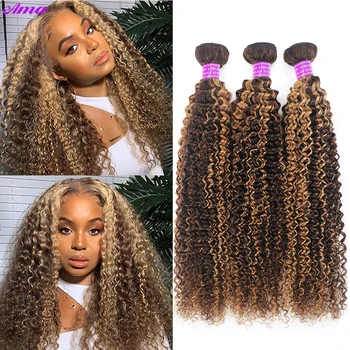 Brazilian Remy Extensões de cabelo humano, Kinky Curly Bundles, Ombre Brown, Weave, P4, 27 Pacotes de destaque, 1, 3, 4 Pacotes