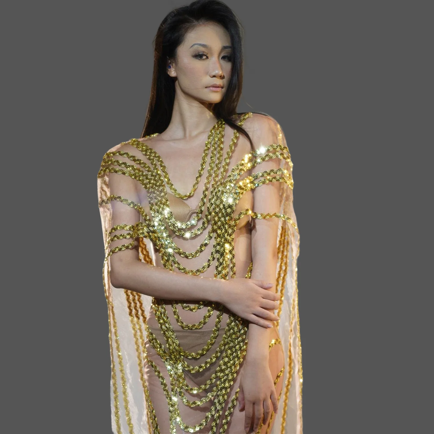 

Luxury Sequins Celebrate Wedding Gold Dress Evening Prom Birthday Gown Singer Stage Wear Sexy See Through Show Performance Wear