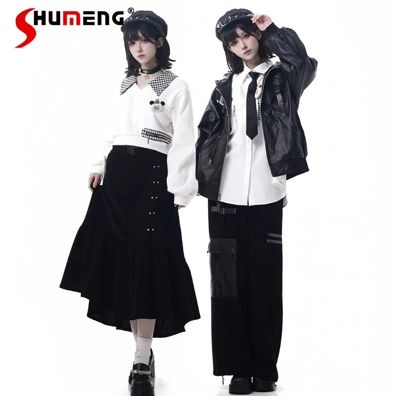 

Original Design College Style Student Sweet Cool Pants Set Autumn New Girl's Black Zip Leather Jacket hoodie Skirt Pants Set