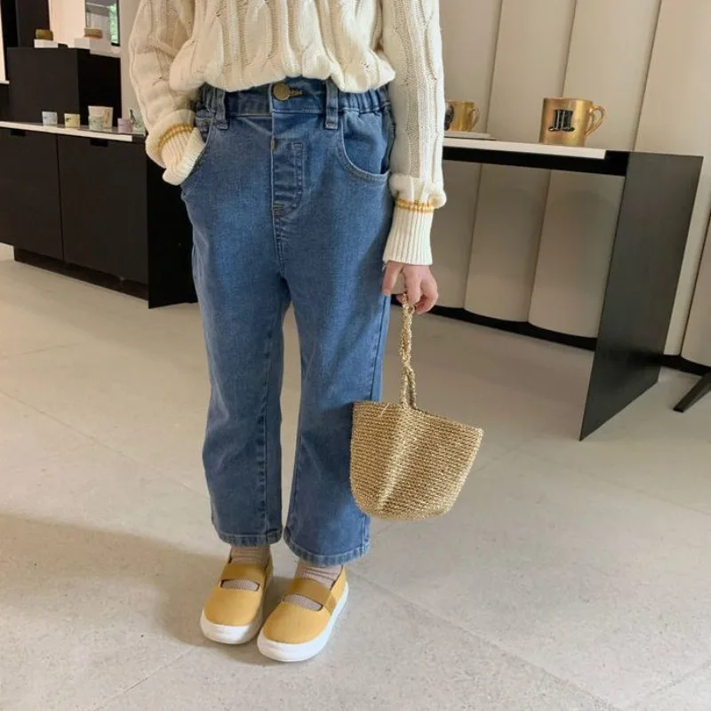 

2025 Spring Autumn Kids Korean Straight Leg Wide Leg Jeans for Girls - Stylish Long Pants for Children, Baby Girls