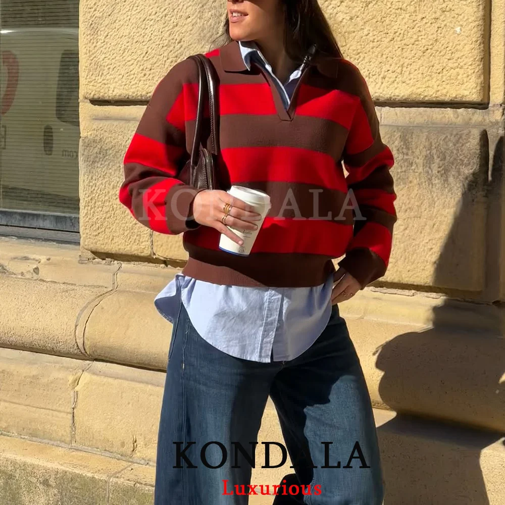 KONDALA سترات فضفاضة متماسكة مخططة غير رسمية للنساء بياقة على شكل V وأكمام طويلة بلوفرات موضة خريف 2025 قطع علوية سميكة ودافئة Y2K للفتيات