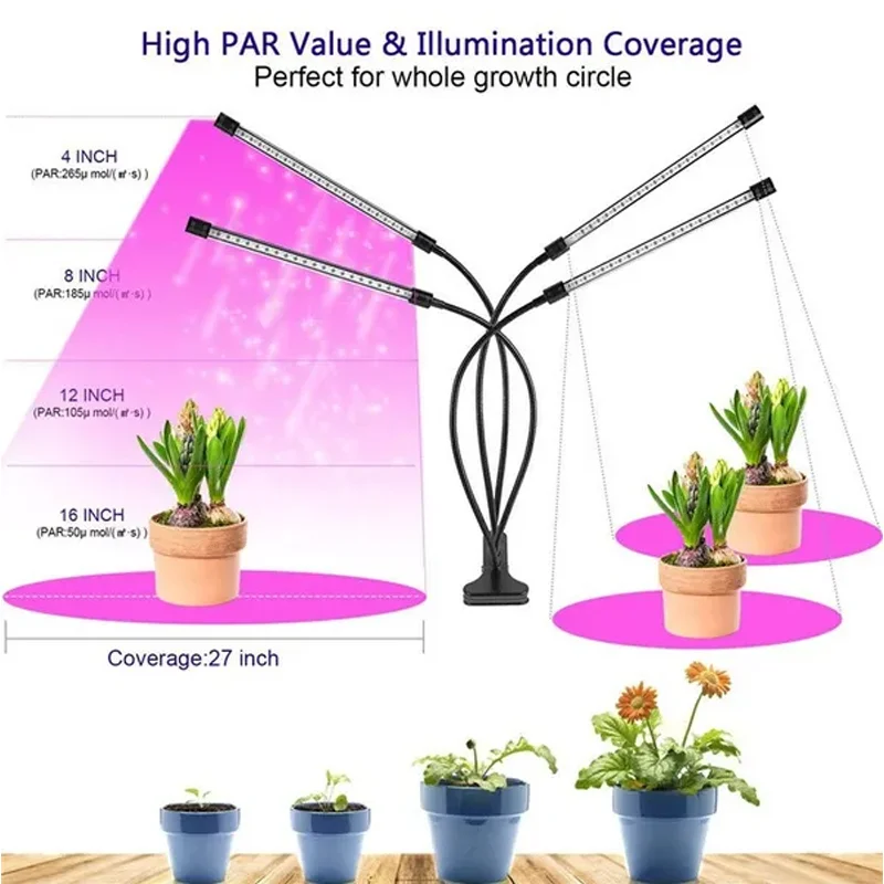 LED Grow Light com Espectro Completo Temporizado para Plantas, USB, Hidroponia de Estufa, Sistema Crescente, 9 Dimmable Flower Clip, Phyto Lamp,