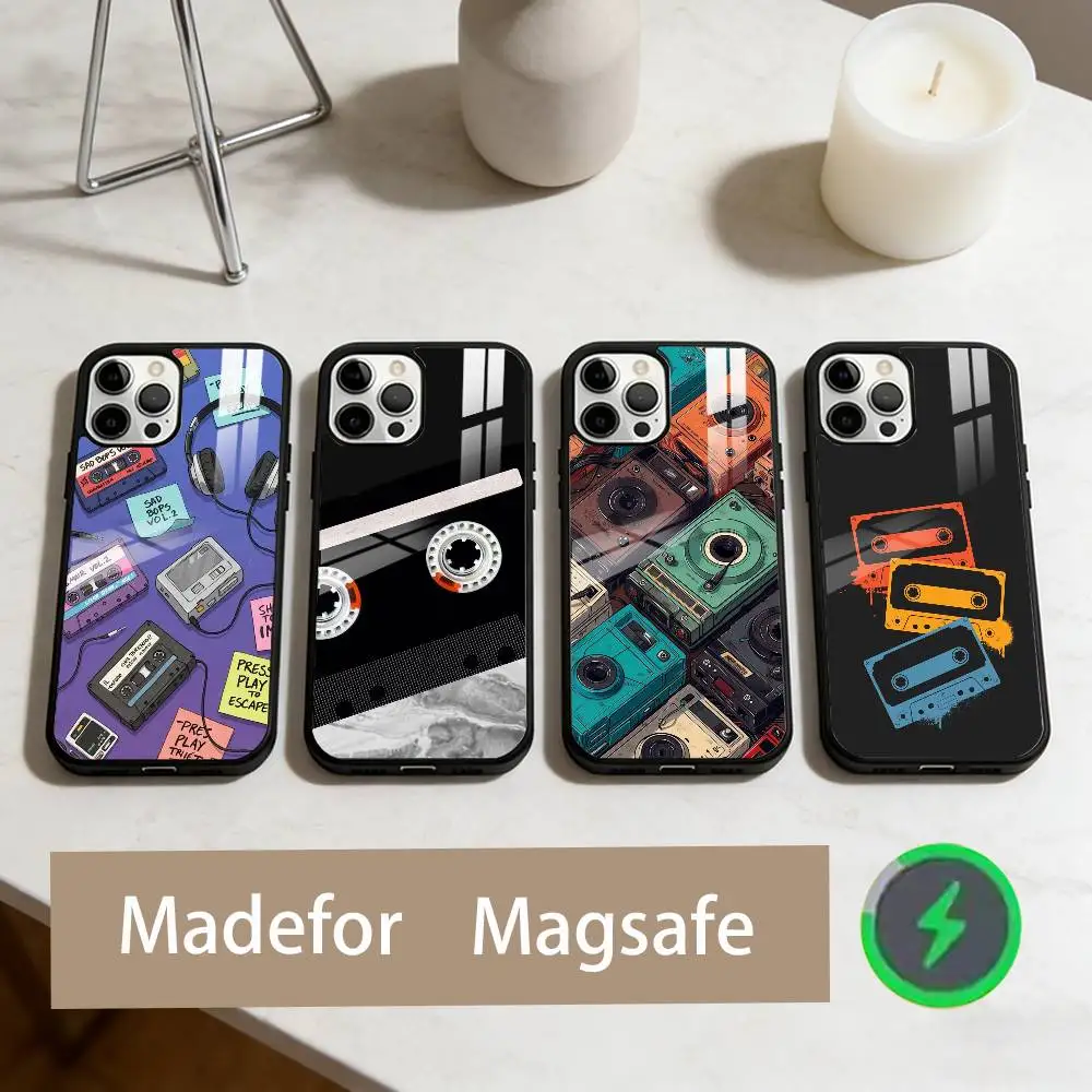 

R-Retro Radio Tape Cassette Phone Case For iPhone17,16,15,14,13,12,11 Plus,Pro Max Magnetic For Magsafe Wireless Charging