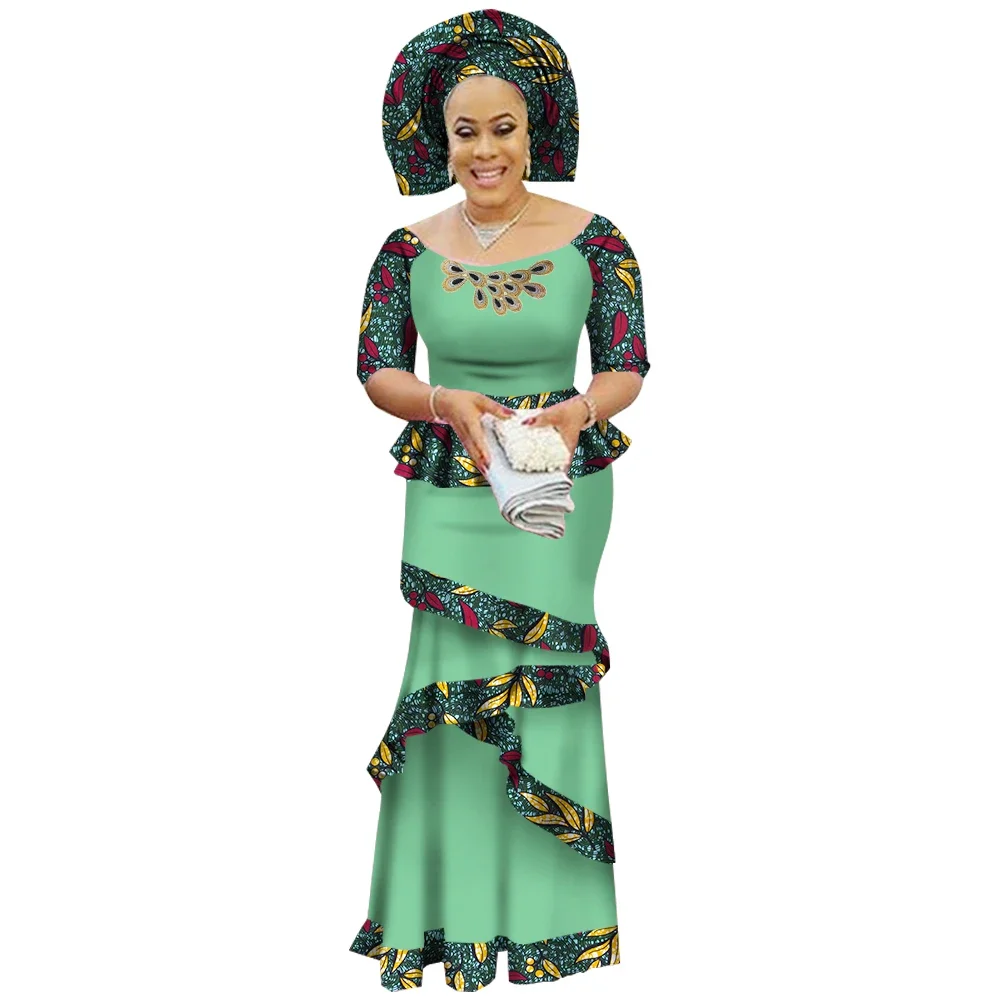 BRW privé personnalisé robe africaine Bazin Riche femmes robe trempée demi manches Y-et longue jupe imprimée grande taille M-6XL WY2412