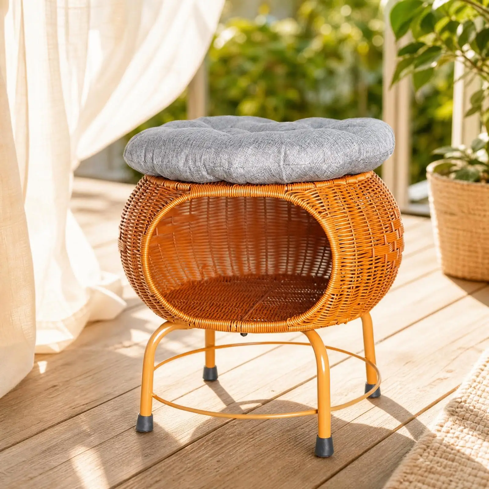 Interwoven Storage Stool with Cushioned Seat Compact Rattan-Style Storage Stool with Open Compartment for Entryway, Living Room,