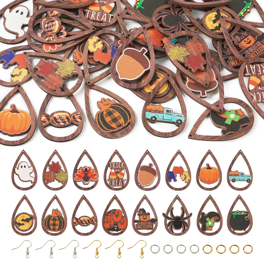 1 Box Halloween Teardrop Wood Big Pendants Pumpkin Ghost Spider Charms Earring Making Kit with Hooks Jump Rings for Party Gifts