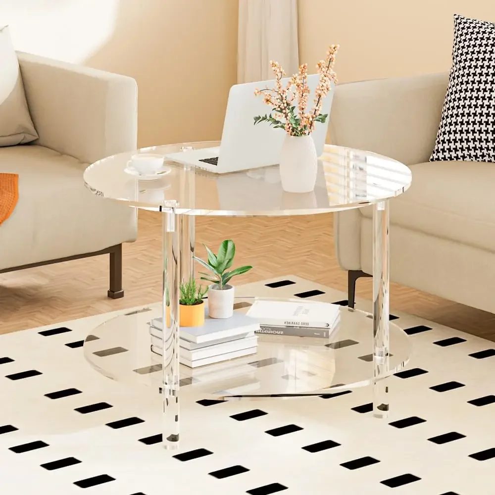 

2 Tier Acrylic Round Coffee Table, Clear Acrylic End Table, Modern Lucite Coffee Table for Living Room