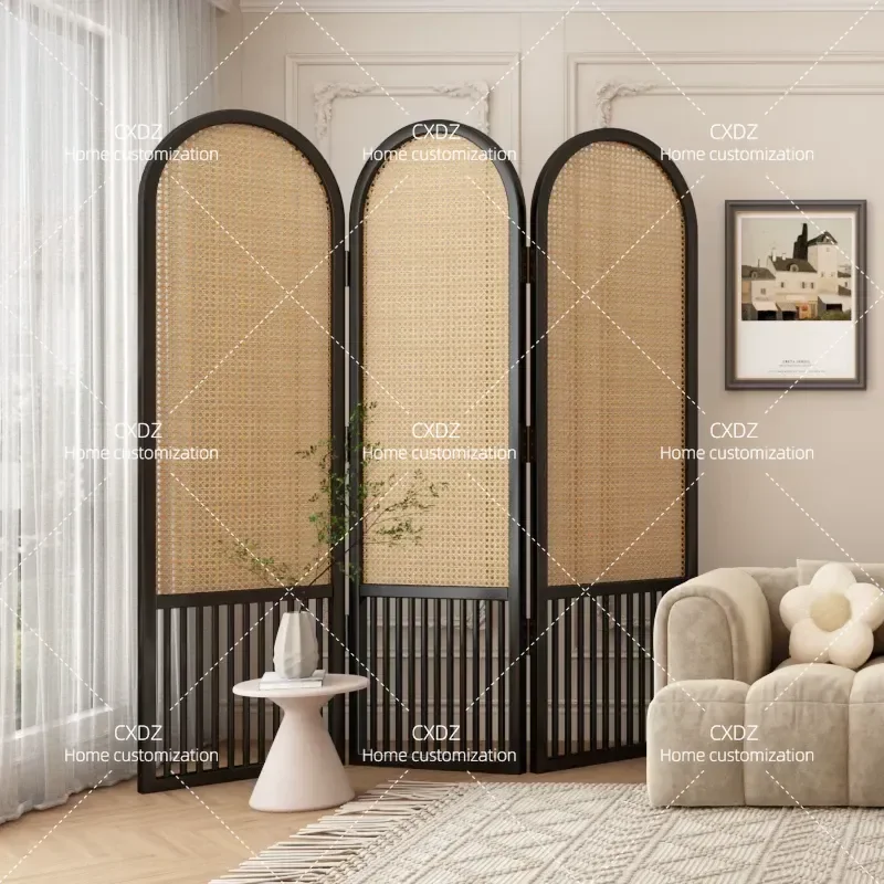 French Rattan Screen Solid Wood Folding Mobile Room Divider Wabi Sabi Living Room Decoration Simple Modern Home Entry