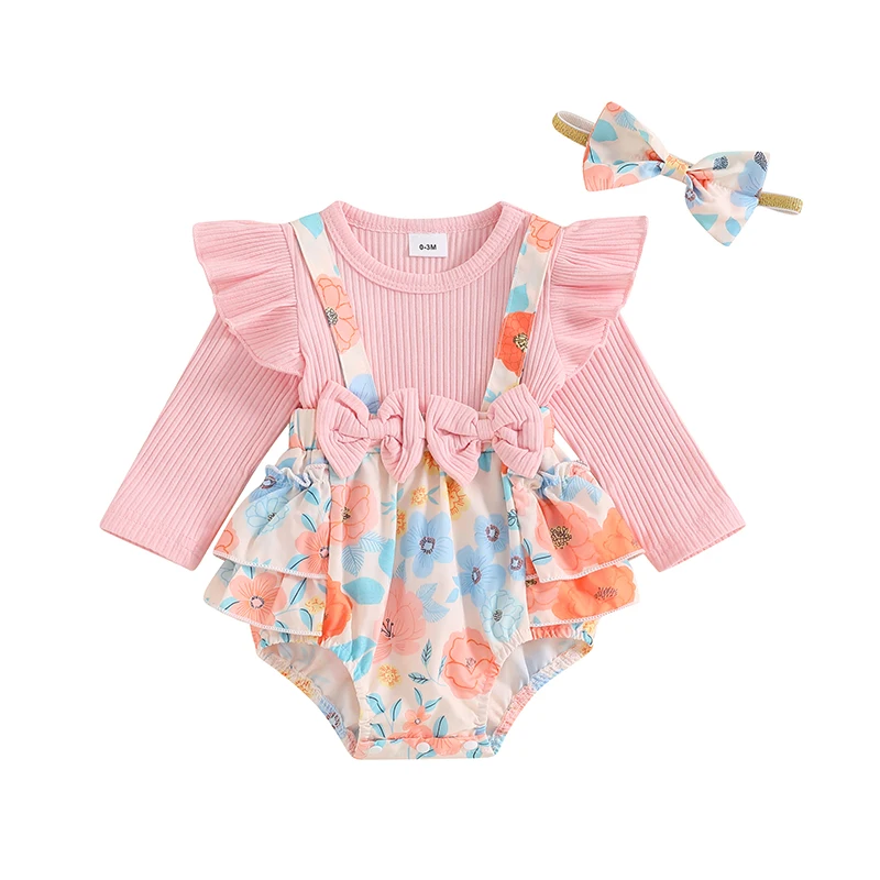 

Baby Girls Romper Dress Floral Print Bow Ruffled Trim Ribbed Long Sleeve Jumpsuit Headband Adorable Outfits