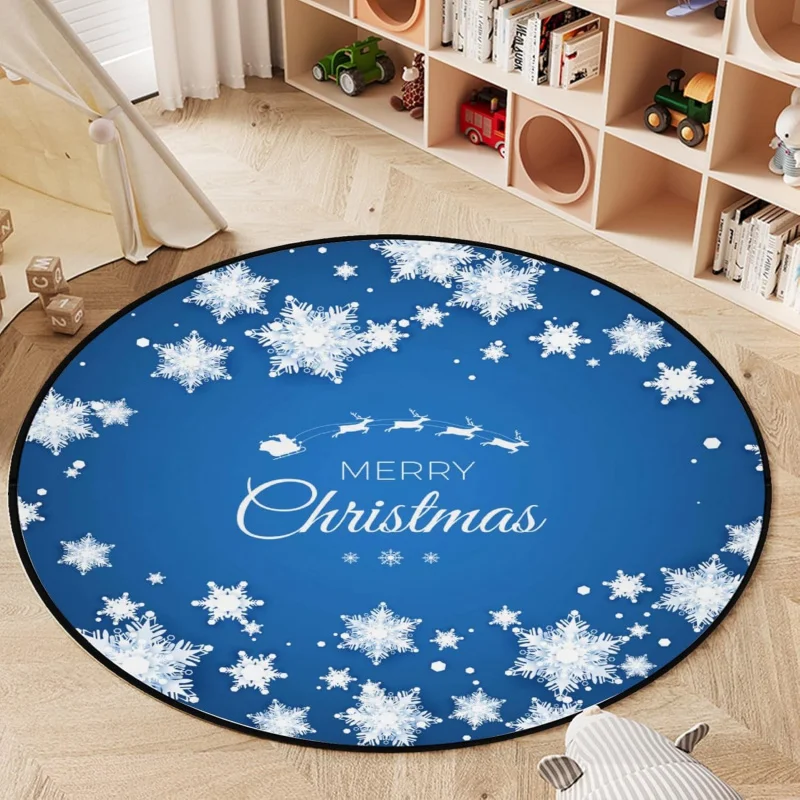 Weihnachten runder Teppich blau Neujahr Schneeflocken Wohnzimmer Flanell Bodenmatte Dekoration 60X60cm