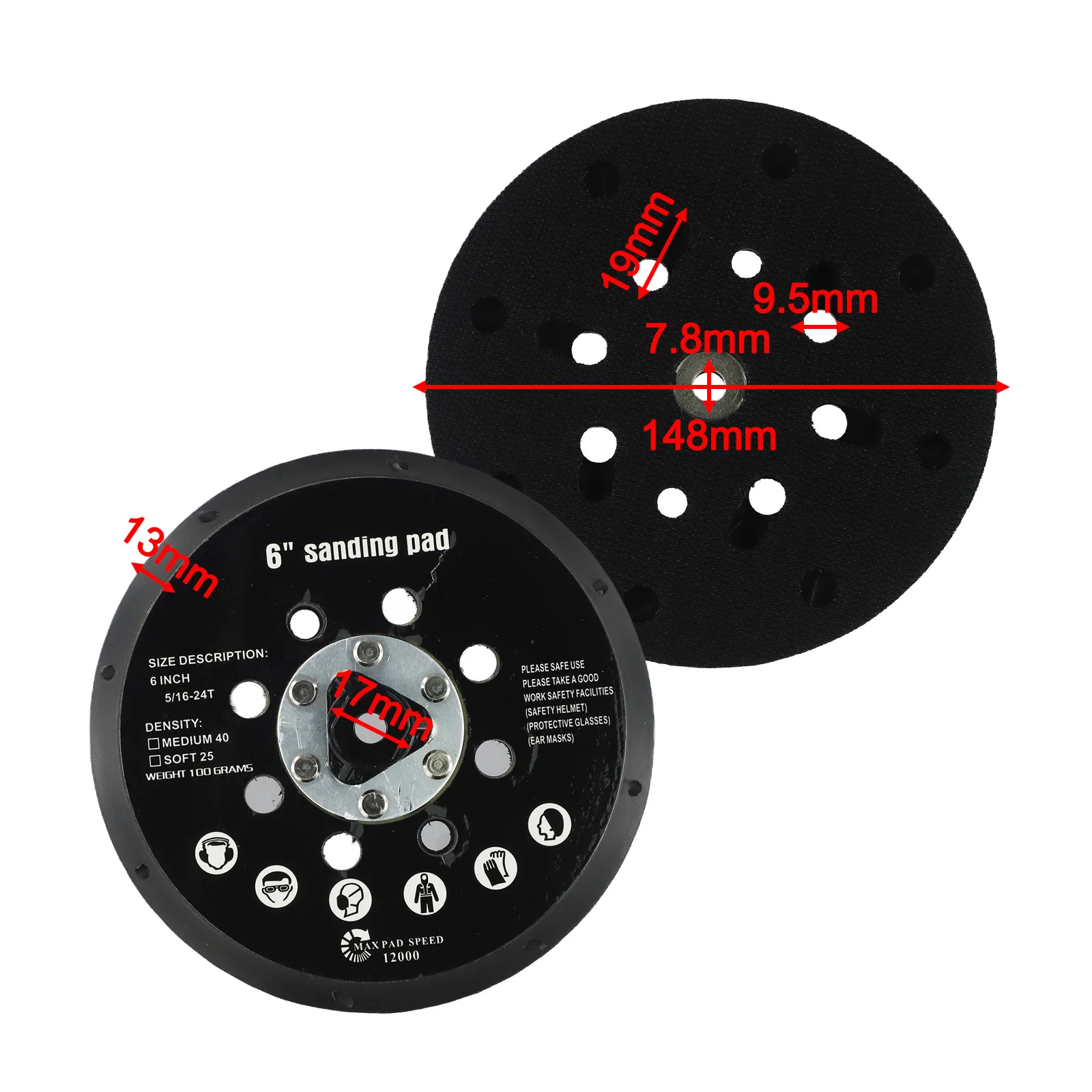 

6" 17 Holes Backing Plate Sanding Pad 5''16-24 Thread Hook-Loop Dual Action Car Polishing Buffing Buffer Professional Pad