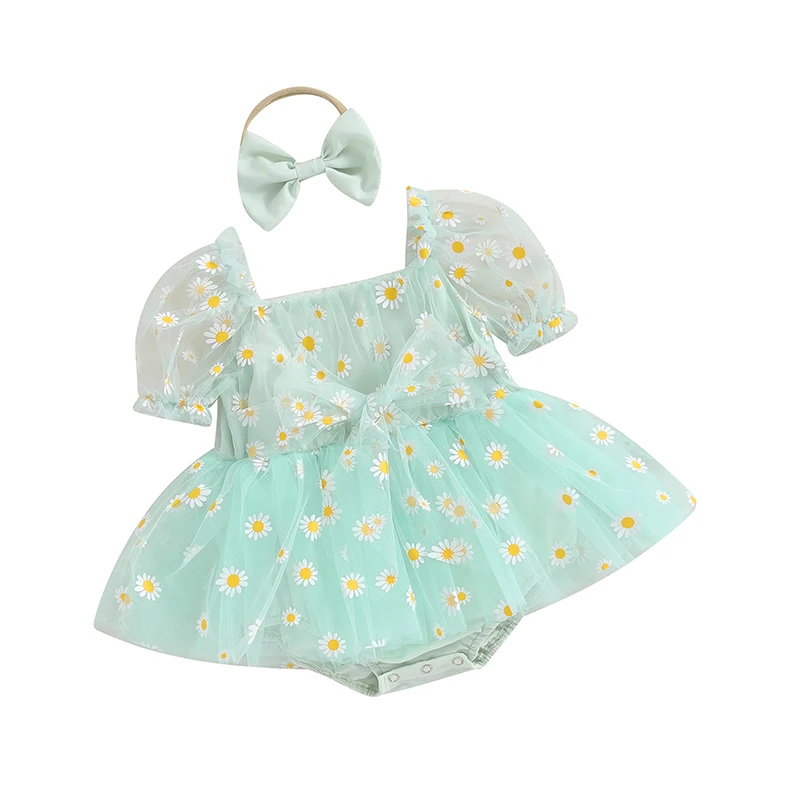 Baby Girl 2Pcs Summer Outfits Short Puff Sleeve Daisy Print Romper Tulle Dress with Headband Set