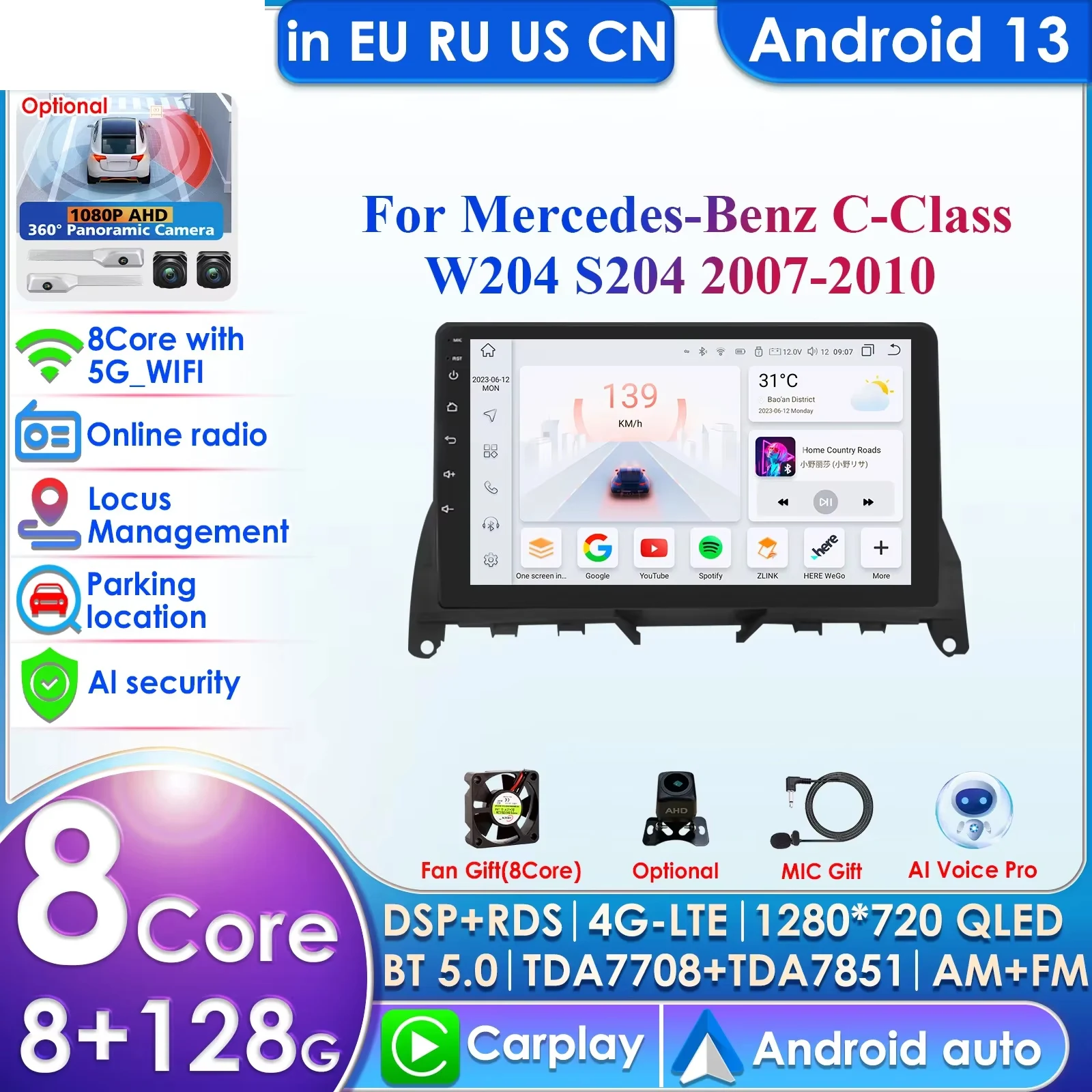 

2din Android Autoradio for Mercedes Benz C-Class W204 S204 2007-2011 Car Radio Multimedia Video Player GPS Head Unit Carplay 4G