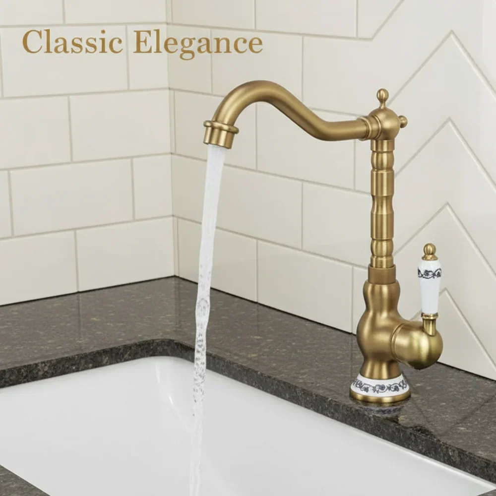 

Brushed Brass Bathroom Faucet, Solid Brass Vintage Basin Mixer Tap with Porcelain Handle, Deck Mount Hot Cold Water Lavatory Fau