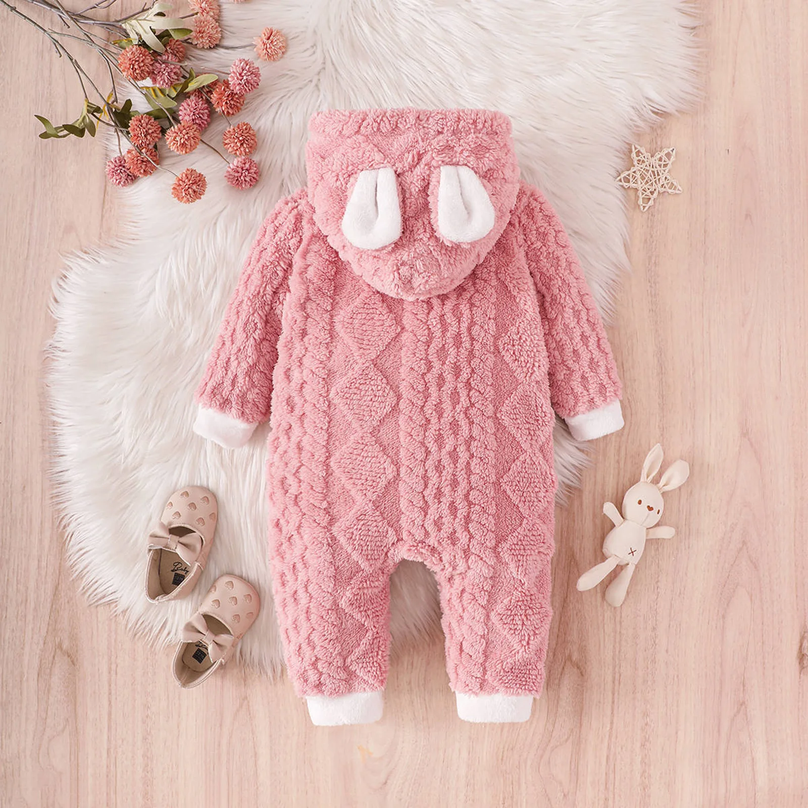 2026 الشتاء طفل رضيع الفتيات الشتاء رومبير مع آذان أرنب لطيف كم طويل مقنع الدافئة زمم بذلة #3