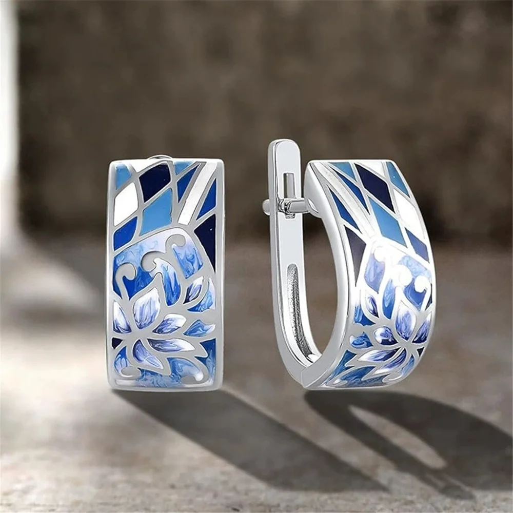 Luxury Female White Blue Enamel Hoop Earrings Vintage Fashion Silver Color Wedding Jewelry For Women