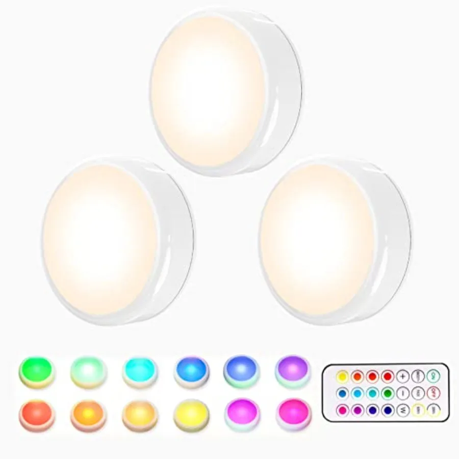 LED Puck Lights with Remote, 3 Pack Color Changing RGBW Stick-On Light, Battery Powered, Dimmable Under Cabinet Lighting with T