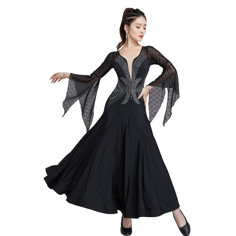 Vestido de dança moderna latina feminino, novo vestido de dança de salão, valsa, manga de chifre, grande vestido de performance de prática 9026