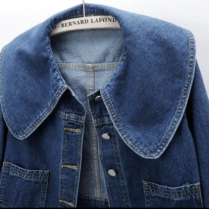 2023 New Women Denim Jackets Korean Sailor Collar Fashion Long Sleeves Button Jean Coat Vintage Crop Female Casual Loose Outwear